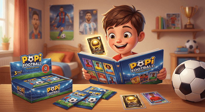 کودکی که با خوشحالی به آلبوم کارت‌های پوپی فوتبال خود نگاه می‌کند.